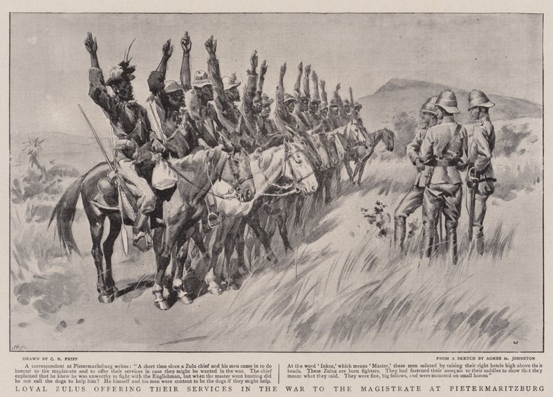 Loyal Zulus Offering Their Services in the War to the Magistrate at Pietermaritzburg by Charles Edwin Fripp