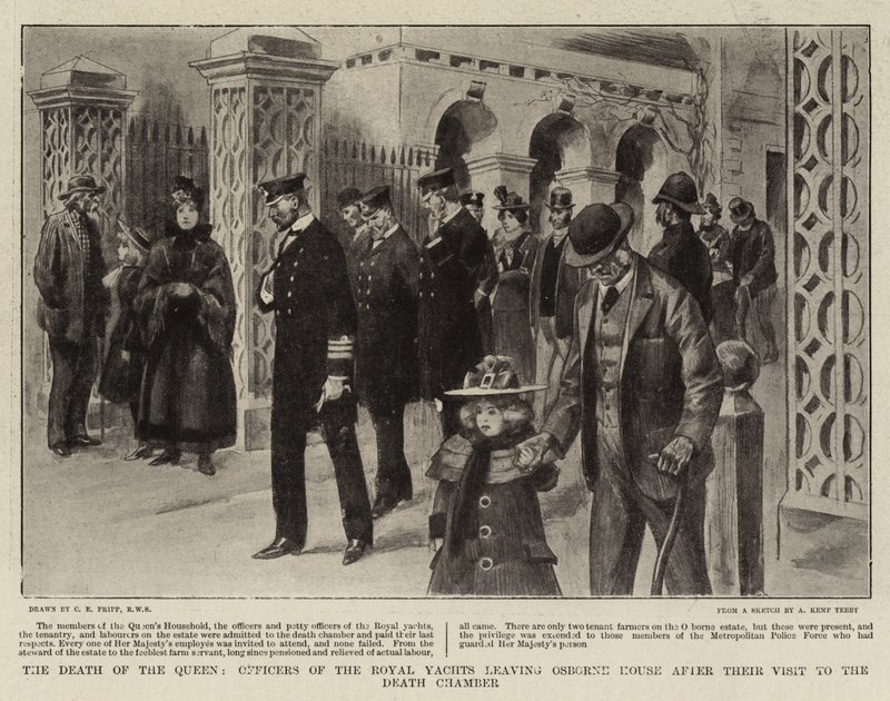 The Death of the Queen, Officers of the Royal Yachts leaving Osborne House after their Visit to the Death Chamber by Charles Edwin Fripp