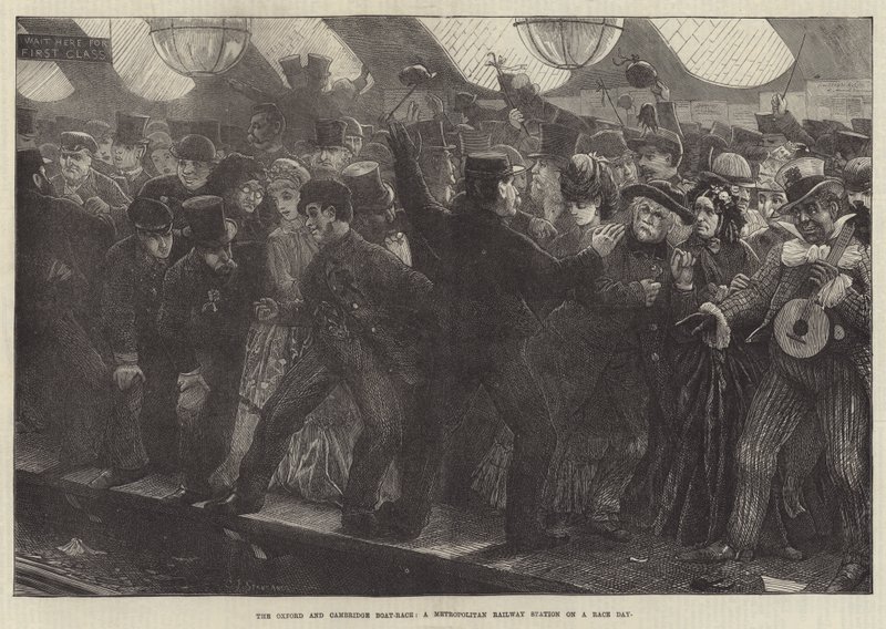 The Oxford and Cambridge Boat-Race, a Metropolitan Railway Station on a Race Day by Charles J. Staniland