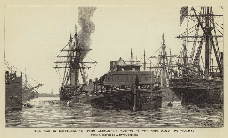 The War in Egypt, Engines from Alexandria passing up the Suez Canal to Ismailia by Charles William Wyllie