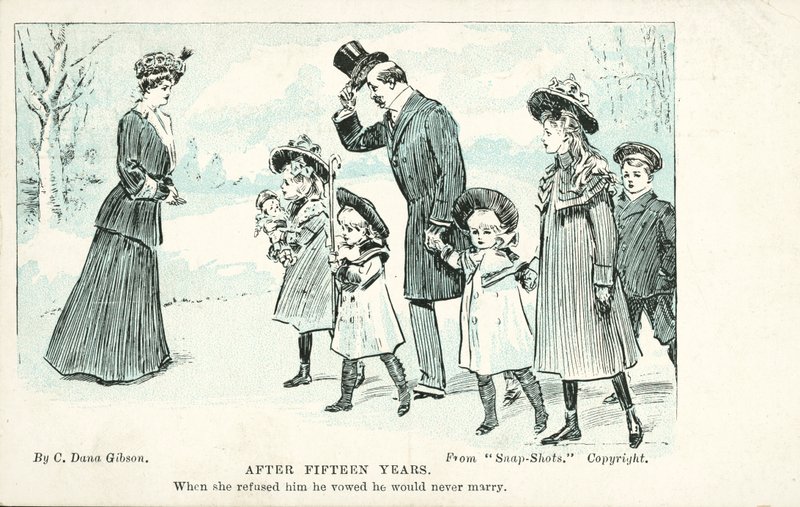 Woman encountering the man she refused in marriage who swore he would never marry by Charles Dana Gibson