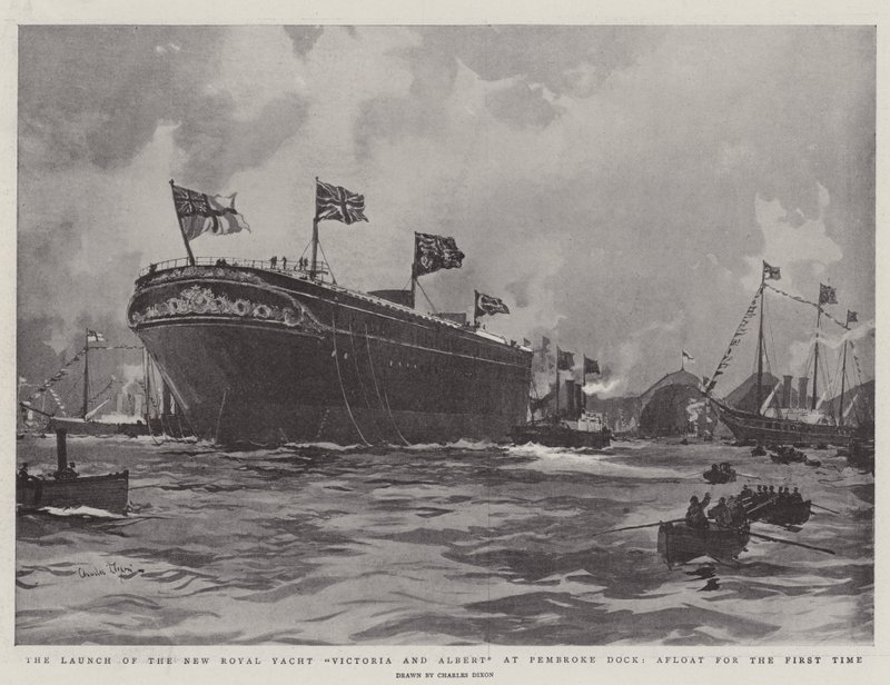 The Launch of the New Royal Yacht Victoria and Albert at Pembroke Dock, Afloat for the First Time by Charles Edward Dixon