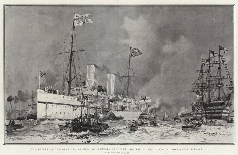 The Return of the Duke and Duchess of Cornwall and York, Arrival of the Ophir in Portsmouth Harbour by Charles Edward Dixon