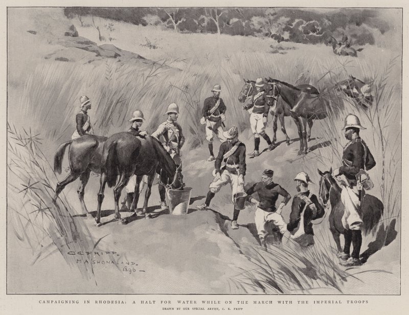 Campaigning in Rhodesia, a Halt for Water while on the March with the Imperial Troops by Charles Edwin Fripp