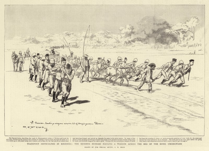 Transport difficulties in Rhodesia, the Seventh Hussars hauling a Waggon across the Bed of the River Umzingwane by Charles Edwin Fripp