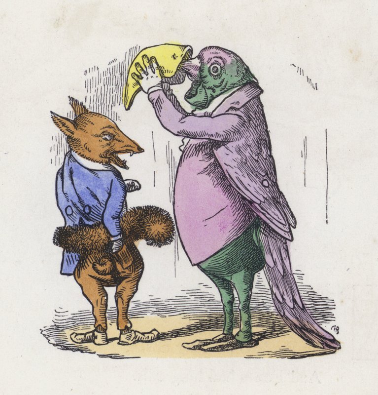 Fox using its tail for a muff and parrot taking snuff by Charles Henry (after) Bennett