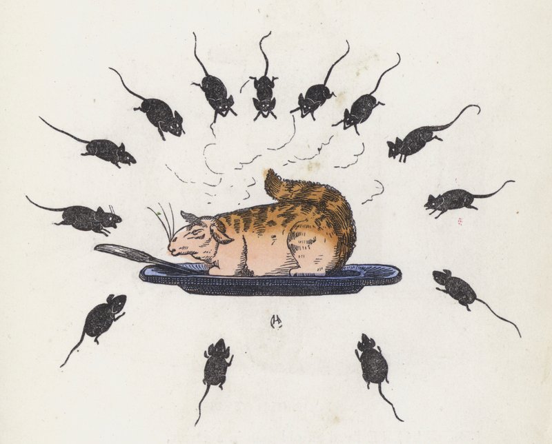 Gluttonous cat on a plate surrounded by hungry mice by Charles Henry (after) Bennett