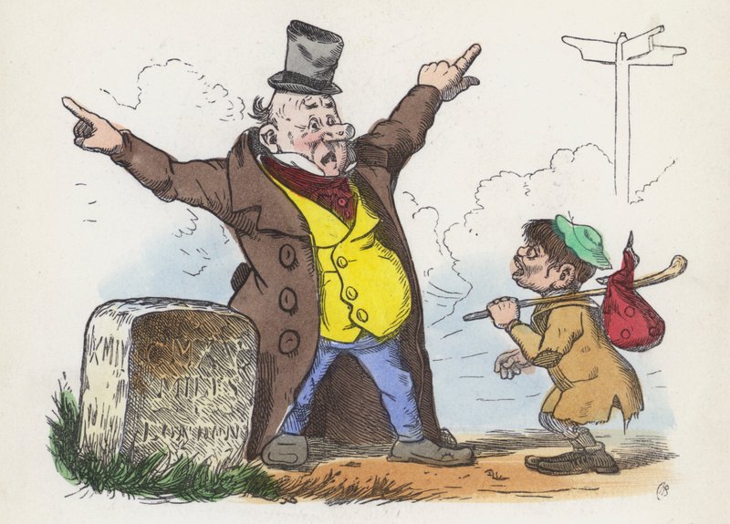 Man giving confusing directions to a traveller on the road to London by Charles Henry (after) Bennett