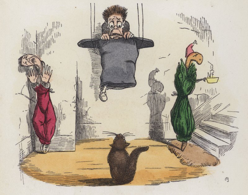 Man Hanging from the Ceiling in His Hat Because He is Afraid of a Cat by Charles Henry (after) Bennett