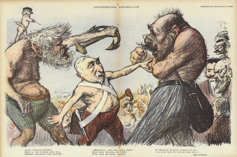 Emile Combes attempting to keep Camille Pelletan and Maurice Rouvier apart, illustration for Le Rire by Charles Leandre
