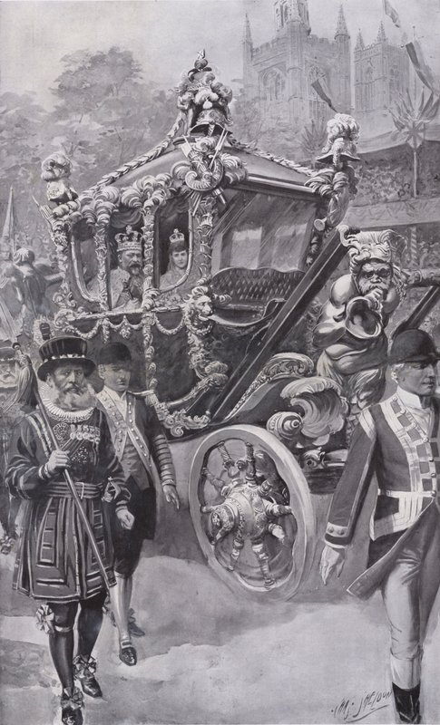 King Edward VII and Queen Alexandra in the State Coach returning from their coronation in Westminster Abbey, London by Charles Mills (after) Sheldon