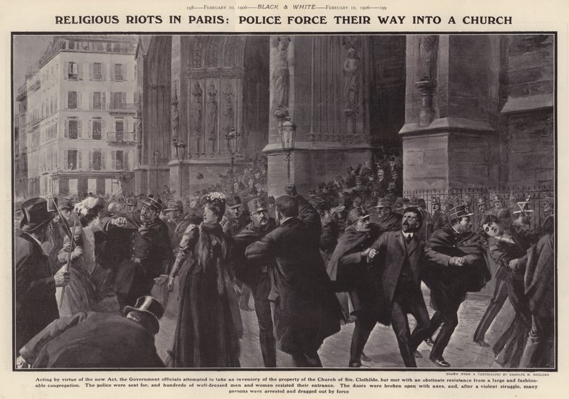 Police forcing their way into a church in Paris during riots in protest at the inventories of French churches ordered by the French government as part of its policy of the separation of church and state by Charles Mills (after) Sheldon