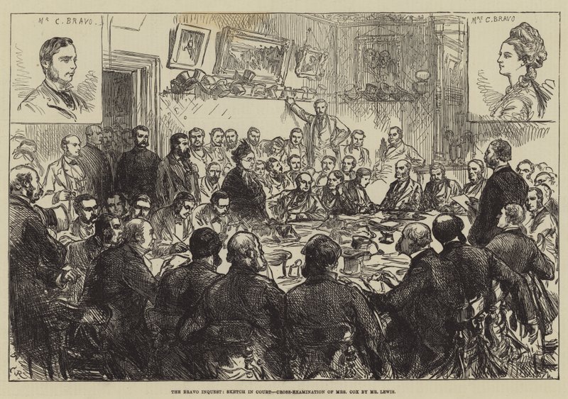 The Bravo Inquest, Sketch in Court, Cross-Examination of Mrs Cox by Mr Lewis by Sir John Charles Robinson
