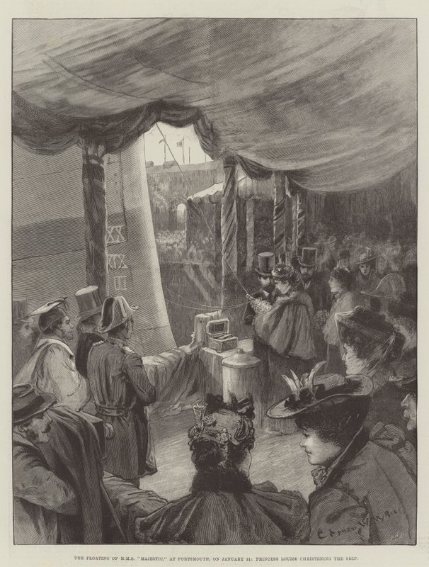 The Floating of HMS Majestic, at Portsmouth, on 31 January, Princess Louise christening the Ship by Charles William Wyllie