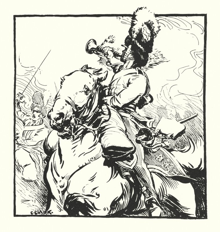 Bugler of the Scots Greys, drawing for an advertisement for Major Drapkin & Co