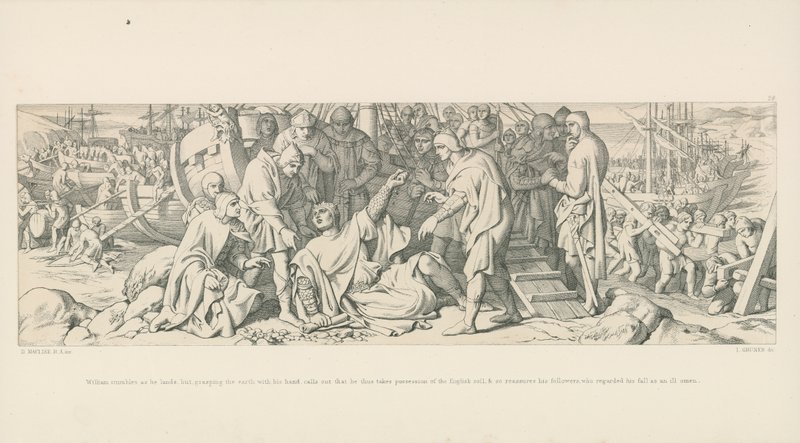William Stumbles as He Lands, but Grasping the Earth with His Hand, Calls Out That He Thus Takes Possession of the English Soil by Daniel Maclise