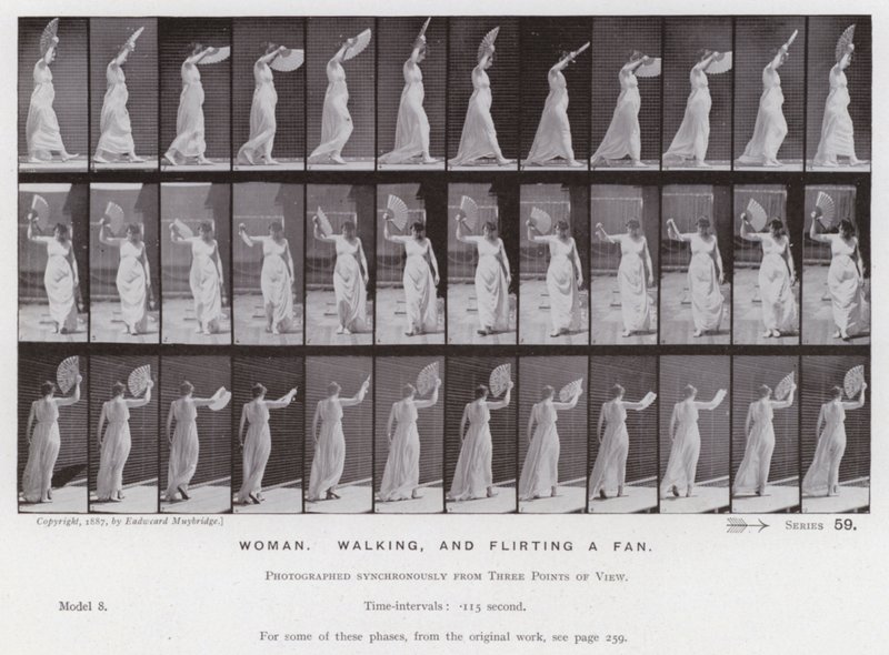 The Human Figure in Motion: Woman, walking and flirting a fan by Eadweard Muybridge