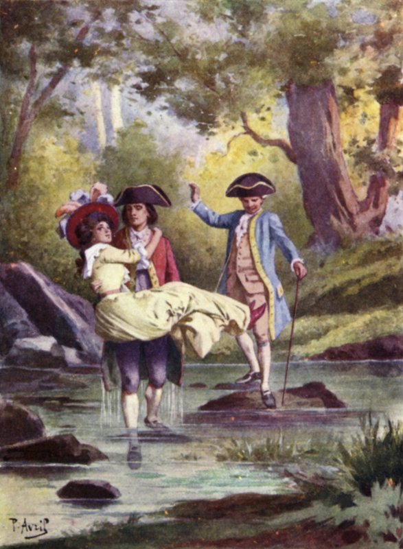 I took Edmee in my arms, and quietly waded through the stream. Illustration for Mauprat by George Sand by Edouard Henri Avril