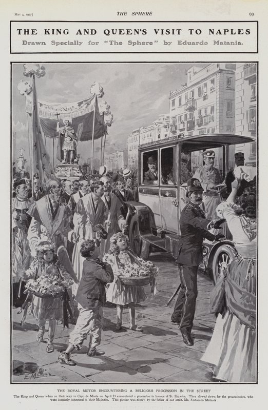 King Edward VII and Queen Alexandra encountering a religious procession on a street during their visit to Naples, Italy by Edouardo Matania