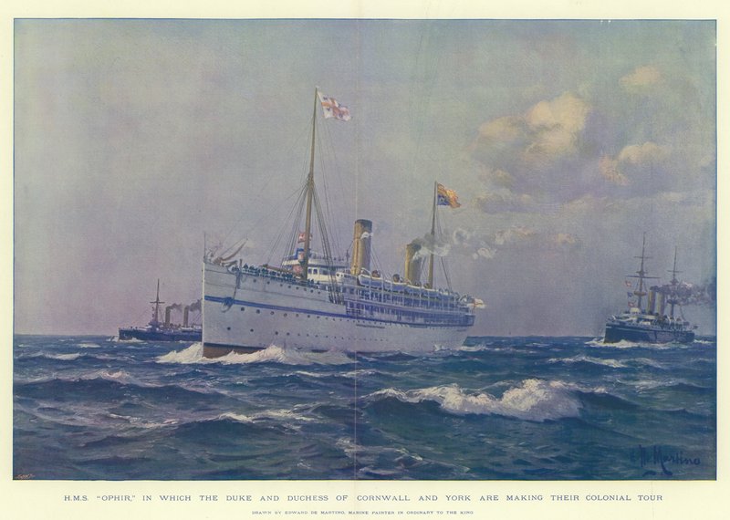 H M S Ophir, in which the Duke and Duchess of Cornwall and York are making their Colonial Tour by Eduardo de Martino
