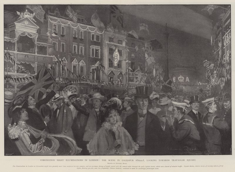 Coronation Night Illuminations in London, the Scene in Cockspur Street, looking towards Trafalgar Square by Edward Read