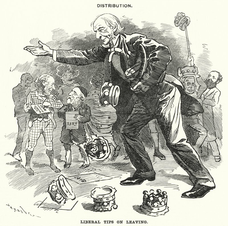 Punch cartoon: Distribution. Liberal Tips on Leaving by Edward Linley (after) Sambourne