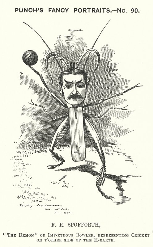 Punch cartoon: Fred Spofforth, Australian cricketer by Edward Linley (after) Sambourne