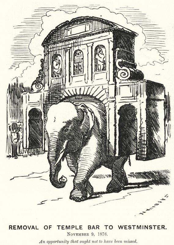 Punch Cartoon: Removal of Temple Bar to Westminster by Edward Linley (after) Sambourne