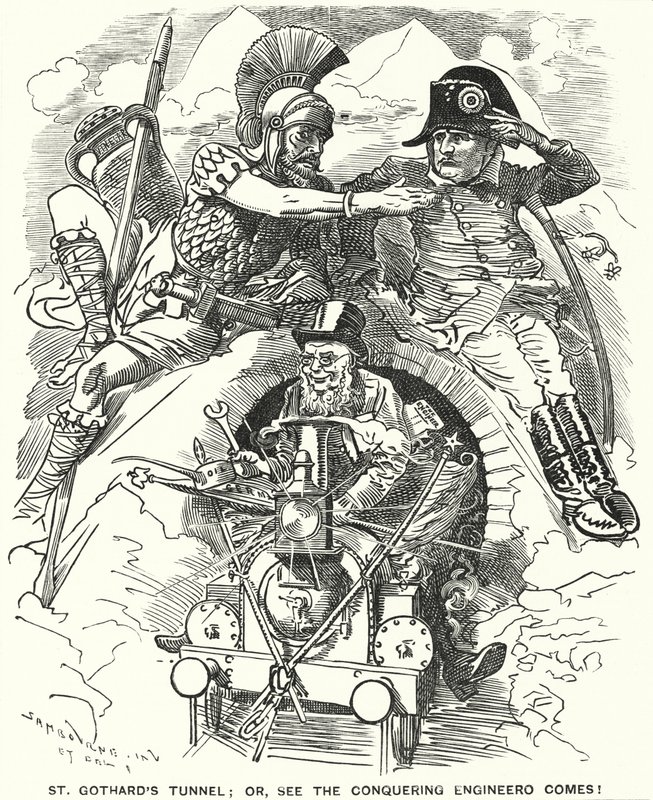 Punch cartoon: completion of the St Gotthard railway tunnel beneath the Alps by Edward Linley (after) Sambourne