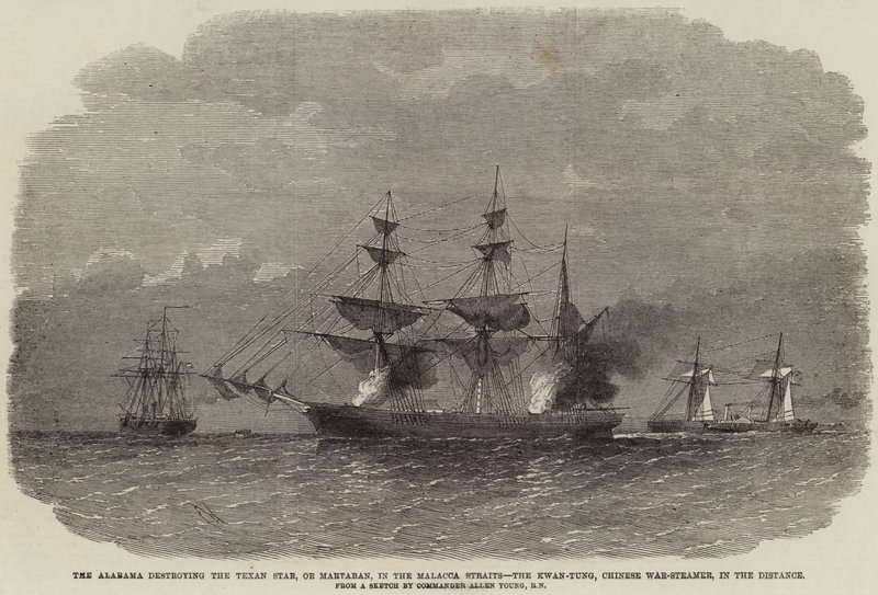 The Alabama destroying the Texan Star, or Martaban, in the Malacca Straits, the Kwan-Tung, Chinese War-Steamer, in the Distance by Edwin Weedon