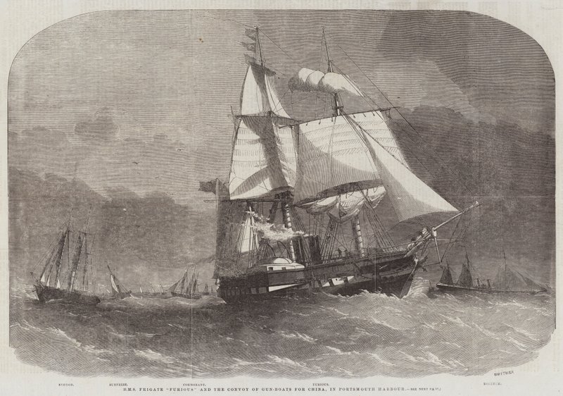 HMS Frigate Furious and the Convoy of Gun-Boats for China, in Portsmouth Harbour by Edwin Weedon