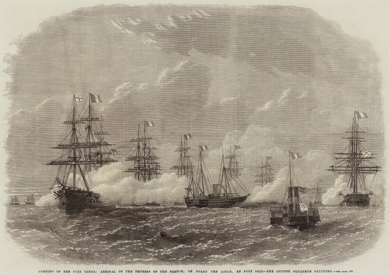 Opening of the Suez Canal, Arrival of the Empress of the French, on Board the Aigle, at Port Said, the British Squadron Saluting by Edwin Weedon