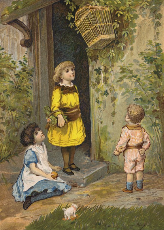Children admiring a hanging basket by Emily Jane Harding Andrews