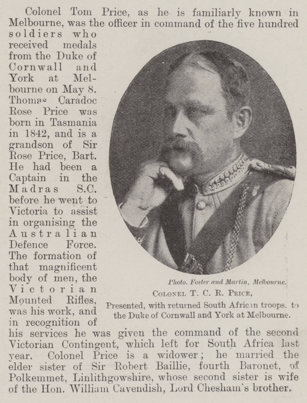 Colonel T C R Price, presented, with returned South African troops, to the Duke of Cornwall and York at Melbourne by English Photographer