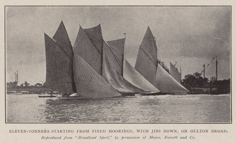 Eleven-Tonners starting from Fixed Moorings, with Jibs down, on Oulton Broad by English Photographer