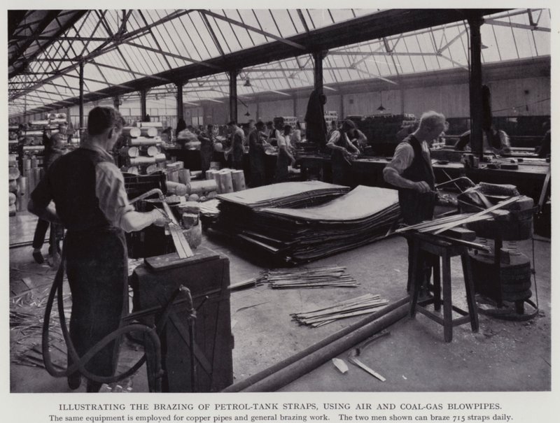 Illustrating the Brazing of Petrol-Tank Straps, Using Air and Coal-Gas Blowpipes (black and white photo) by English Photographer