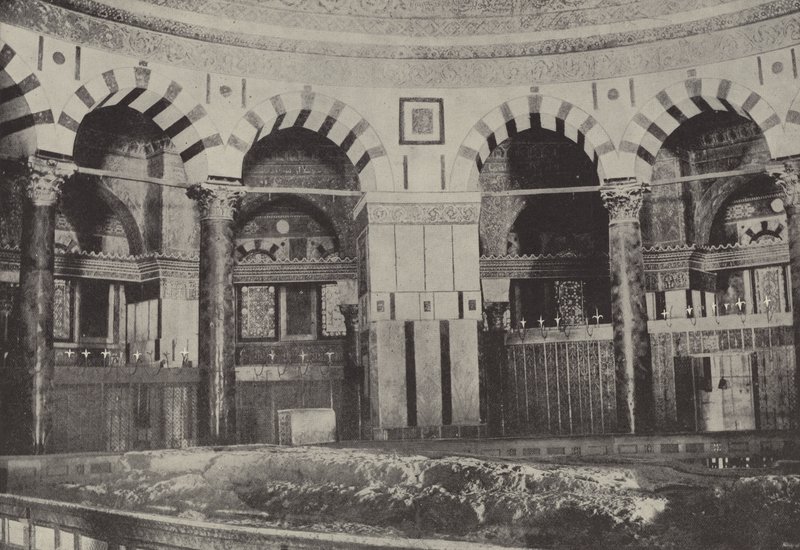 Interior of the Mosque of Omar, standing over the rock where Abraham is thought to have offered by English Photographer