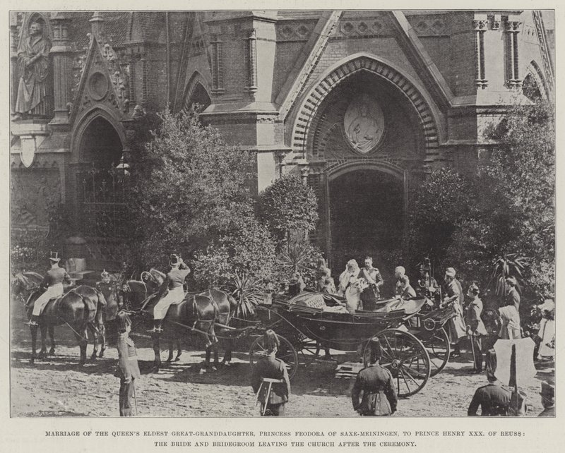 Marriage of the Queens Eldest Great-Granddaughter, Princess Feodora of Saxe-Meiningen, to Prince Henry XXX of Reuss, the Bride and Bridegroom leaving the Church after the Ceremony by English Photographer