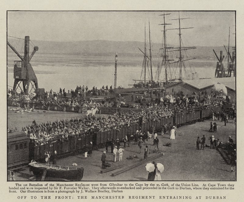 Off to the Front, the Manchester Regiment entraining at Durban by English Photographer