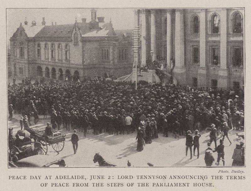 Peace Day at Adelaide, 2 June, Lord Tennyson announcing the Terms of Peace from the Steps of the Parliament House by English Photographer