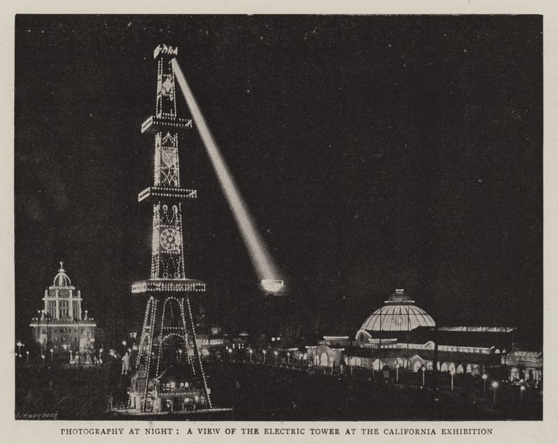 Photography at Night, a View of the Electric Tower at the California Exhibition by English Photographer