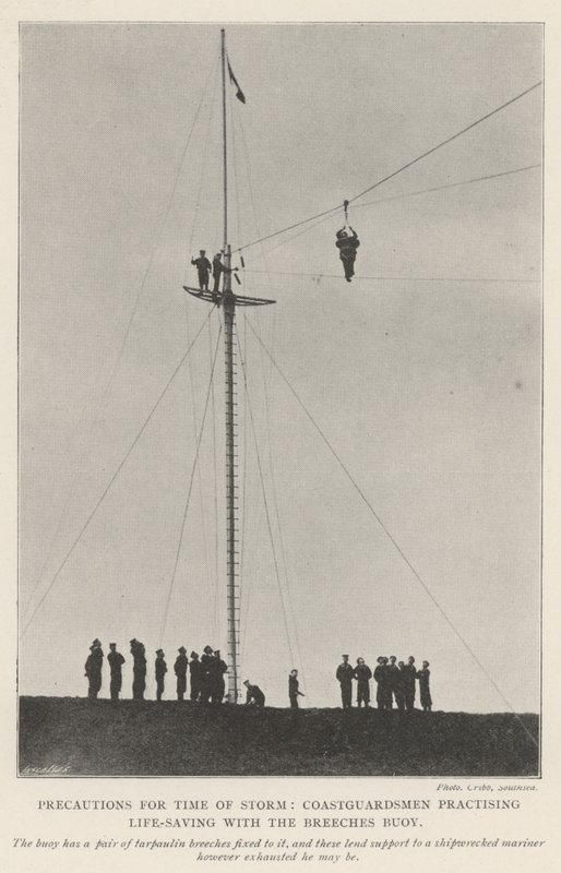 Precautions for Time of Storm, Coastguardsmen practising Life-Saving with the Breeches Buoy by English Photographer