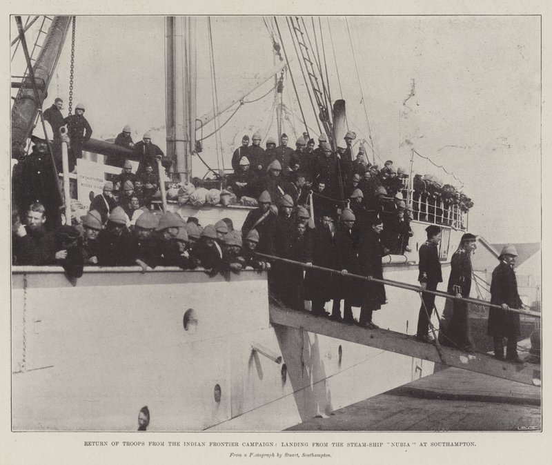 Return of Troops from the Indian Frontier Campaign, landing from the Steam-Ship Nubia at Southampton by English Photographer
