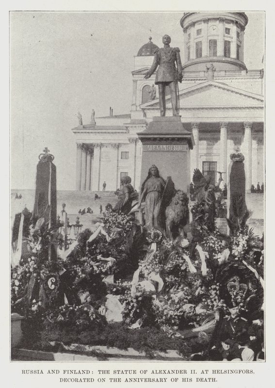 Russia and Finland, the Statue of Alexander II at Helsingfors, decorated on the Anniversary of his Death by English Photographer