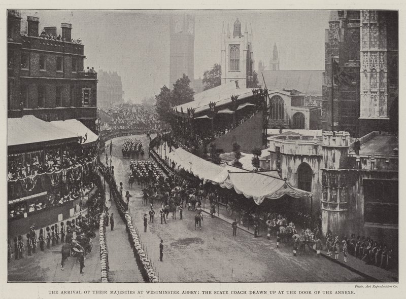 The Arrival of Their Majesties at Westminster Abbey, the State Coach drawn up at the Door of the Annexe by English Photographer