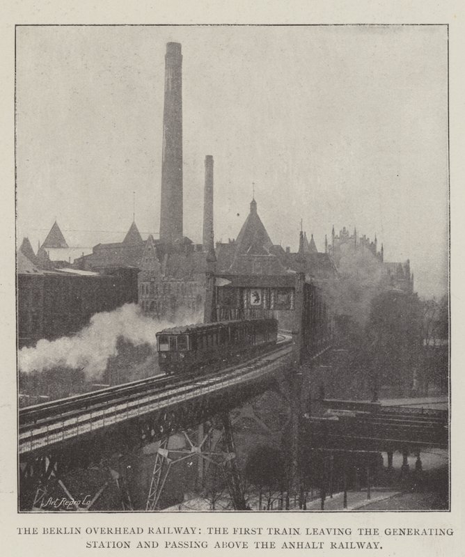 The Berlin Overhead Railway, the First Train leaving the Generating Station and passing above the Anhalt Railway by English Photographer