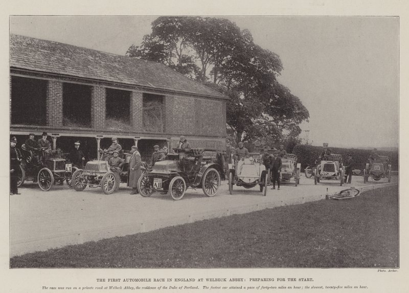 The First Automobile Race in England at Welbeck Abbey, preparing for the Start by English Photographer