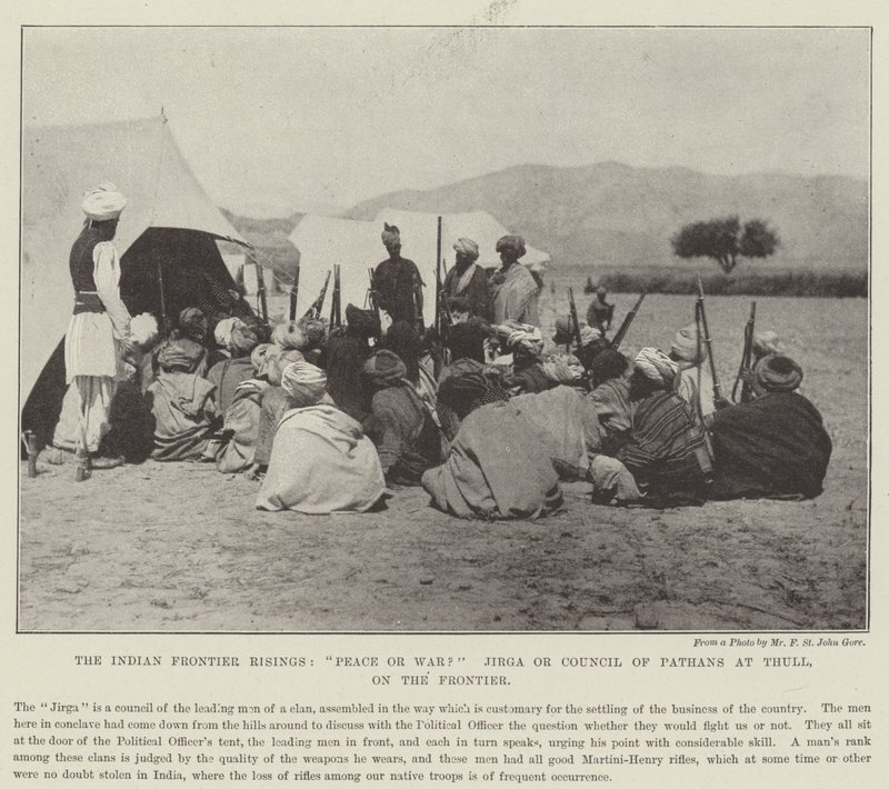 The Indian Frontier Risings, Peace or War? Jirga or Council of Pathans at Thull, on the Frontier by English Photographer