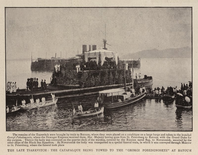 The Late Tsarevitch, the Catafalque being towed to the Georgi Pobedonosetz at Batoum by English Photographer