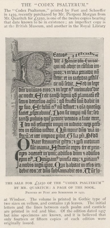 The Sale for £5250 of the Codex Psalterum by Mr Quaritch, a Page of the Book by English Photographer
